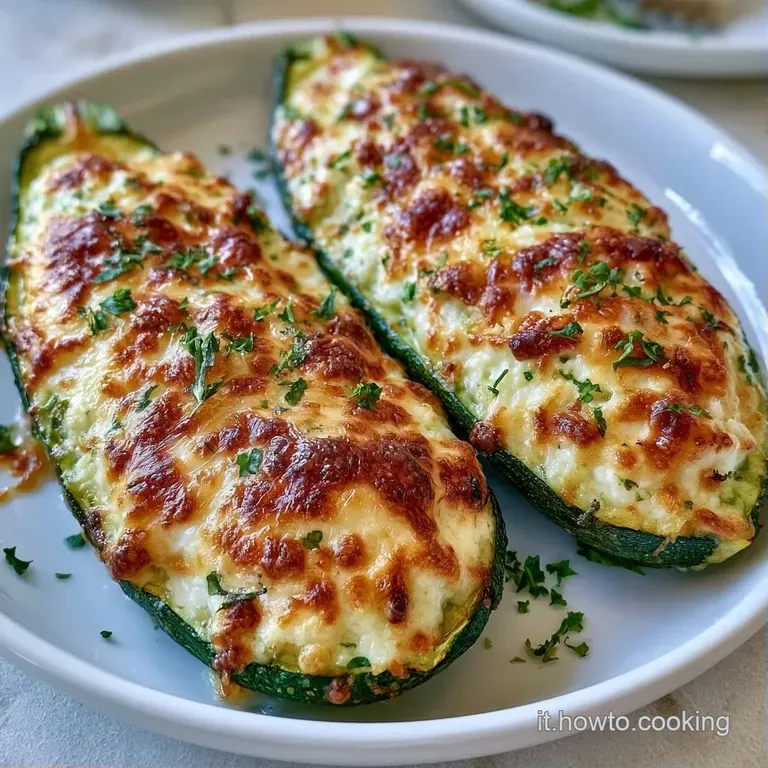 Due zucchine ripiene su un piatto bianco, guarnite con erbe aromatiche fresche e un filo d'olio dorato e lucido.