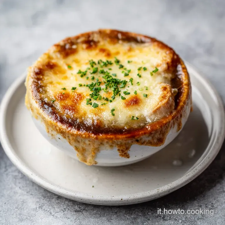 A rustic ceramic bowl cradles steaming onion soup, crowned with golden-brown baguette slices and melted gruyere.